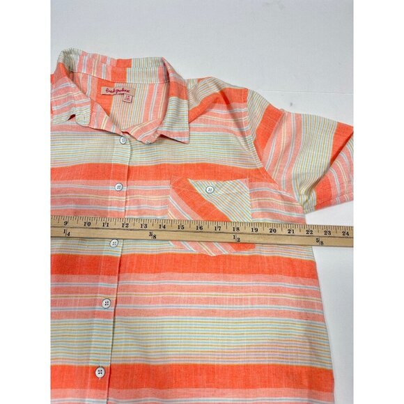 Fresh Produce Womens L White Blouse Button Down Long Sleeve Orange Striped Beach - Picture 8 of 10
